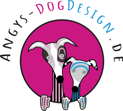 Logo von Angys-DogDesign, featuring zwei stilisierte Hunde in pinkem Hintergrund.